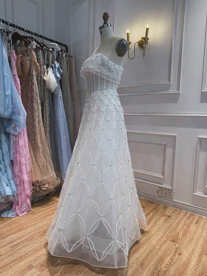Luxury White Strapless Tassel Beaded A Line Wedding Dress LA73912