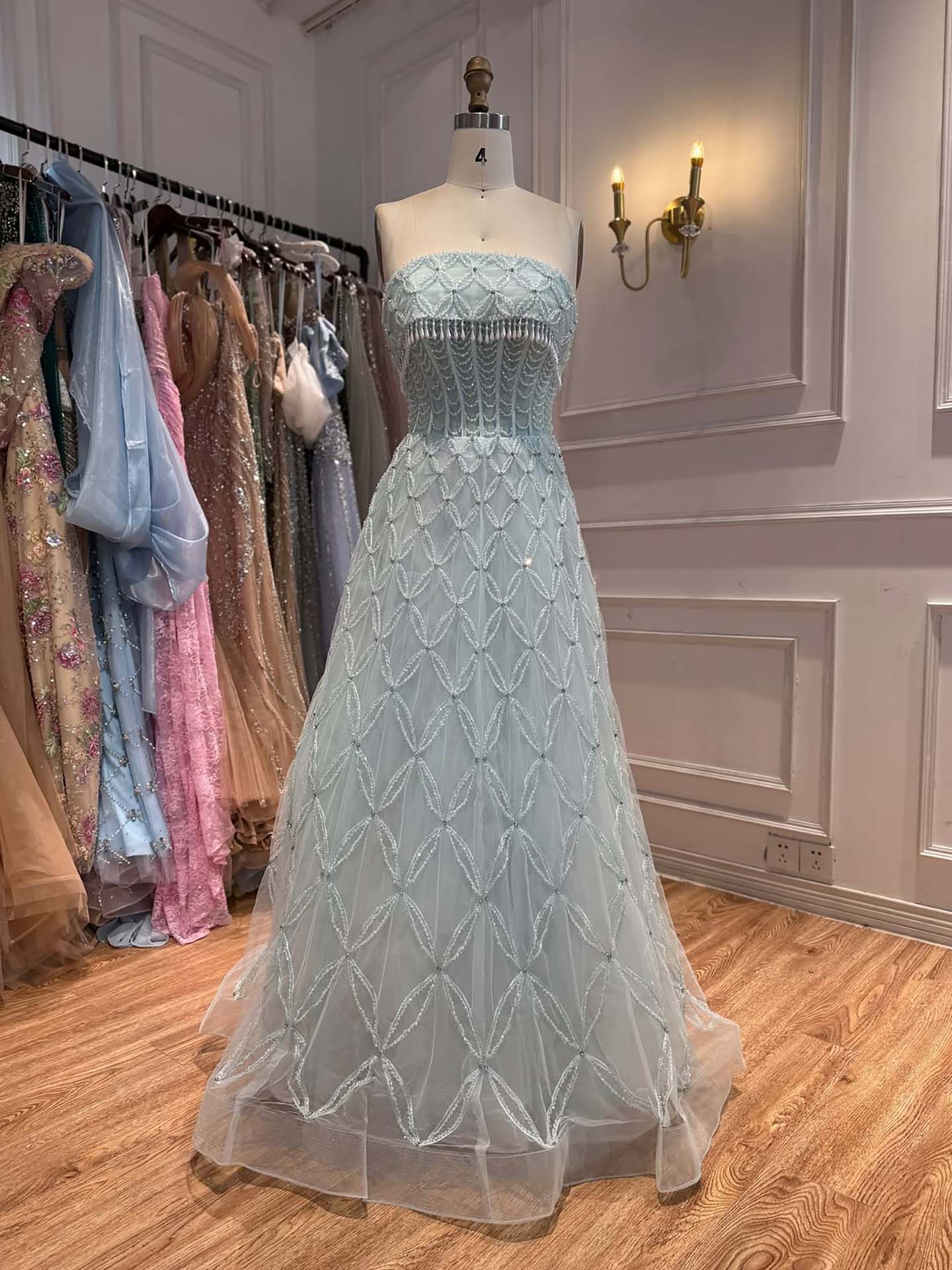 Luxury White Strapless Tassel Beaded A Line Wedding Dress LA73912
