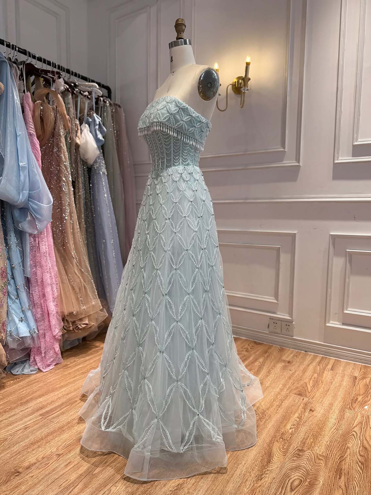 Luxury White Strapless Tassel Beaded A Line Wedding Dress LA73912