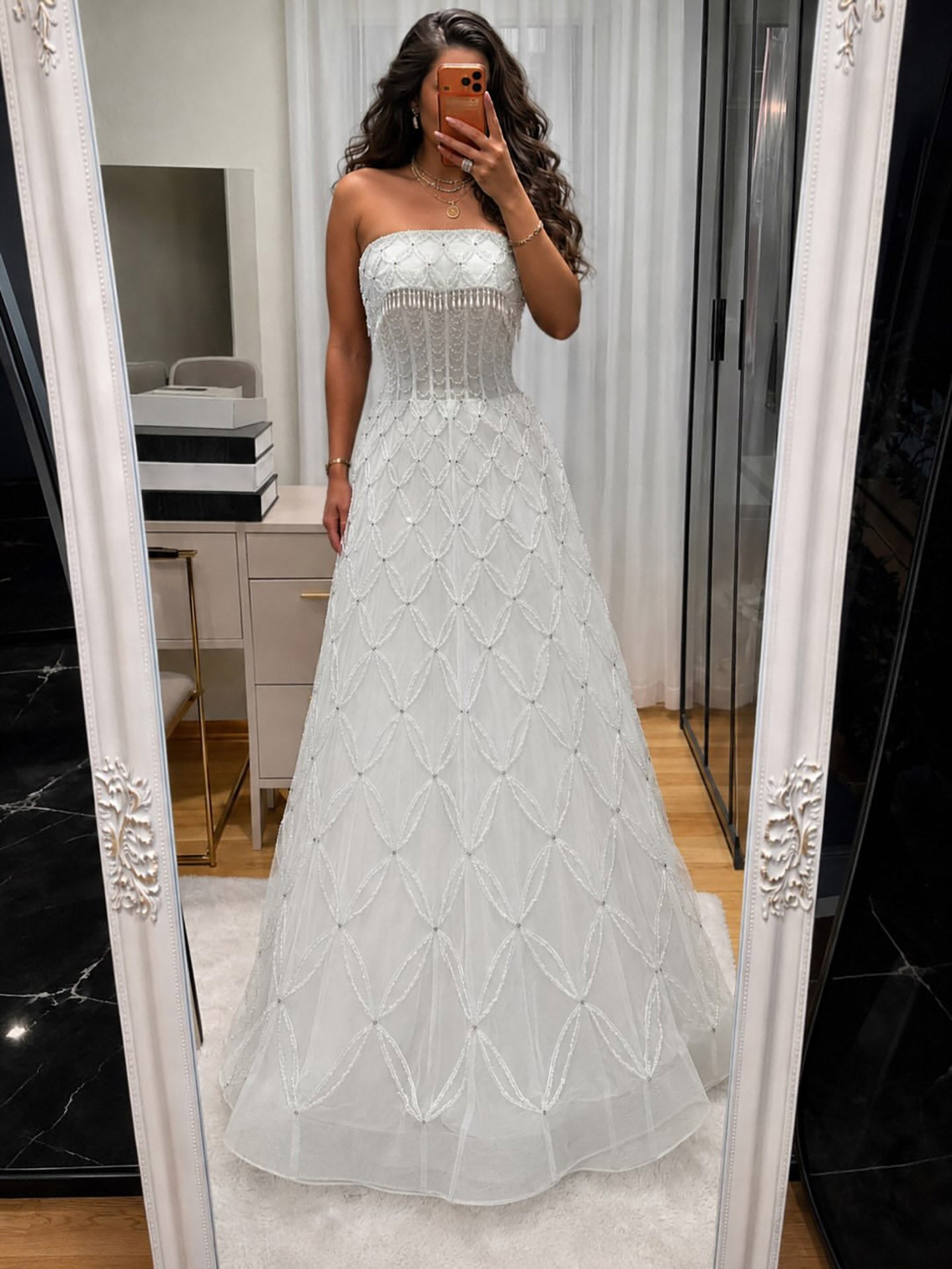 Luxury White Strapless Tassel Beaded A Line Wedding Dress LA73912