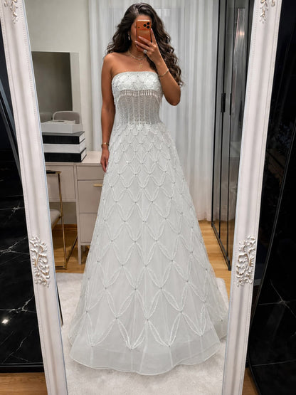 Luxury White Strapless Tassel Beaded A Line Wedding Dress LA73912