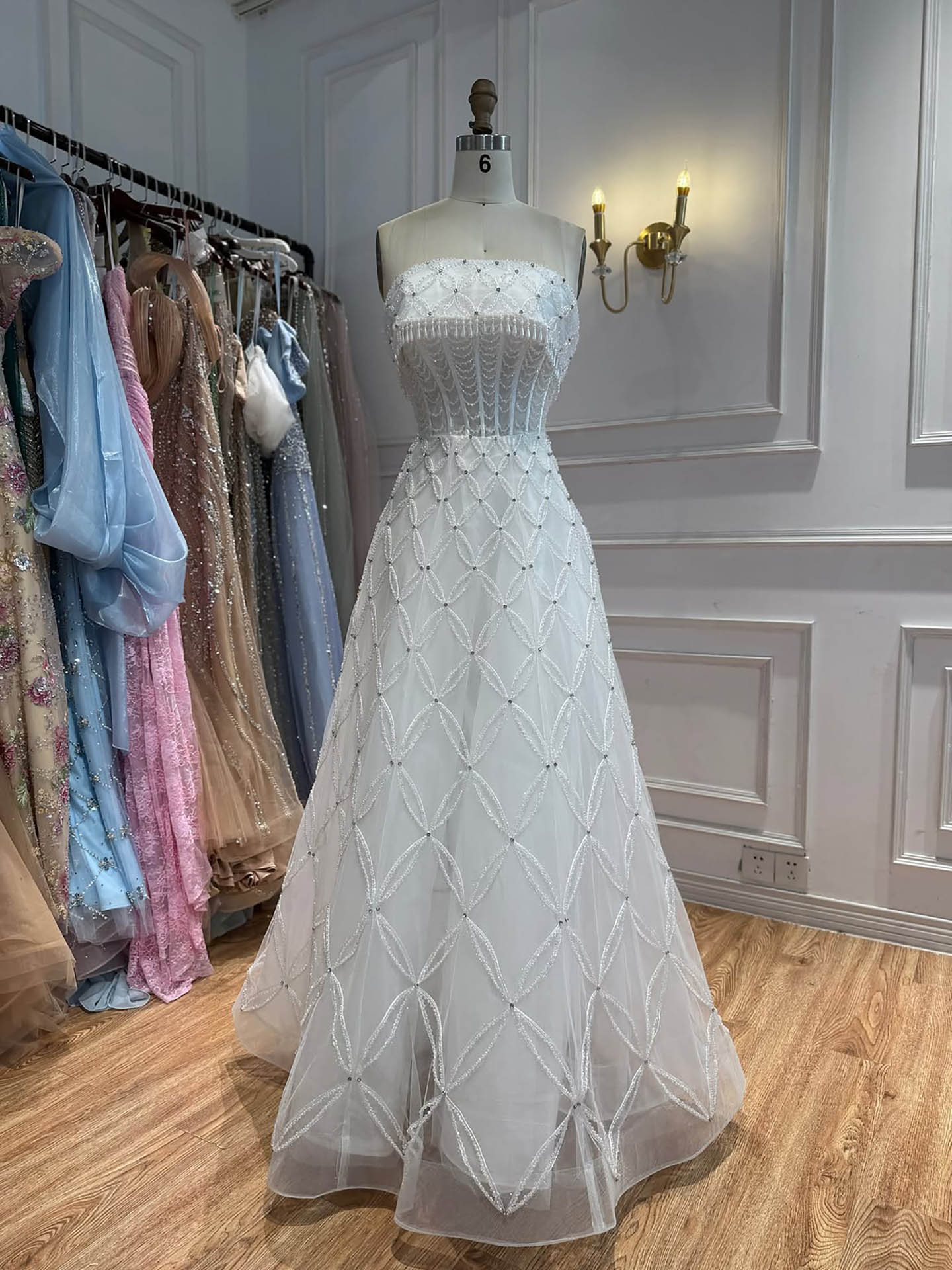 Luxury White Strapless Tassel Beaded A Line Wedding Dress LA73912