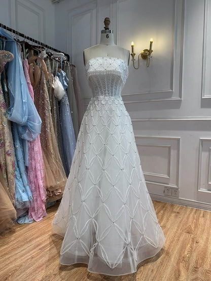 Luxury White Strapless Tassel Beaded A Line Wedding Dress LA73912