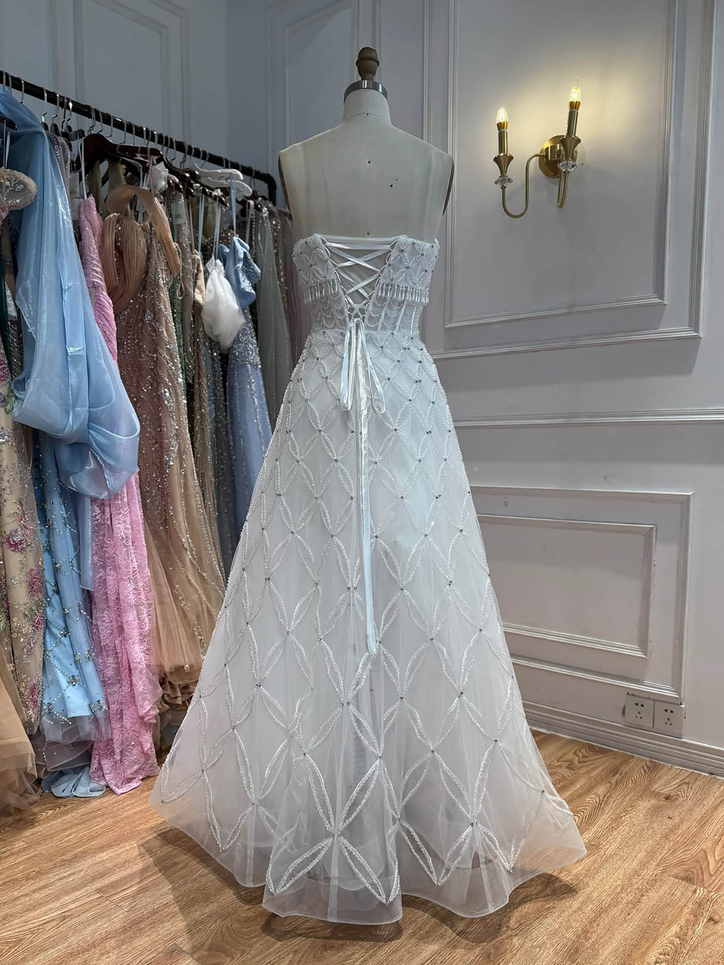 Luxury White Strapless Tassel Beaded A Line Wedding Dress LA73912
