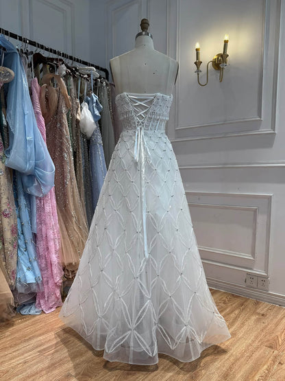 Luxury White Strapless Tassel Beaded A Line Wedding Dress LA73912