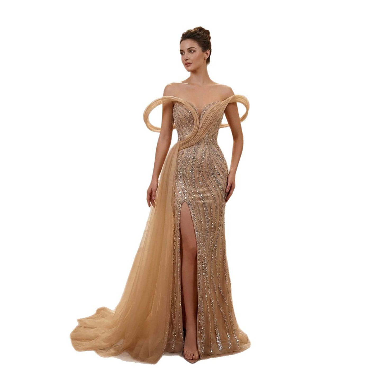 Luxury Nude Sequin Beaded Mermaid Dress With High Slit LA73914 SERENE HILL