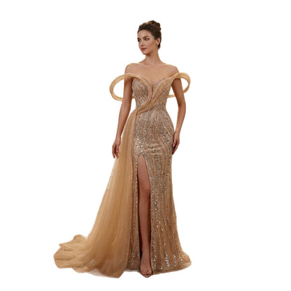 Luxury Nude Sequin Beaded Mermaid Dress With High Slit LA73914 SERENE HILL
