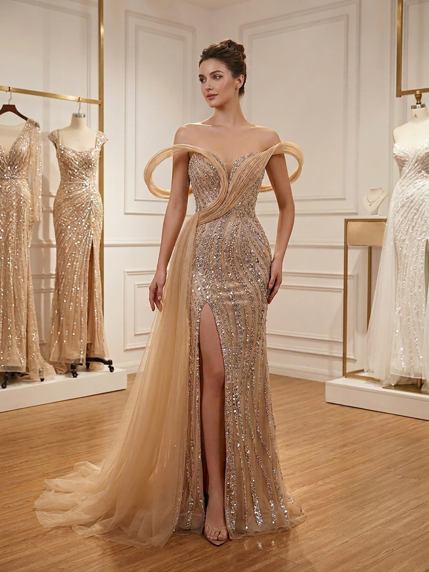 Luxury Nude Sequin Beaded Mermaid Dress With High Slit LA73914 SERENE HILL