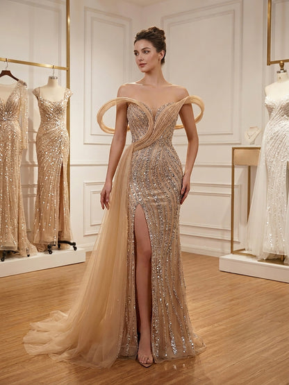 Luxury Nude Sequin Beaded Mermaid Dress With High Slit LA73914 SERENE HILL