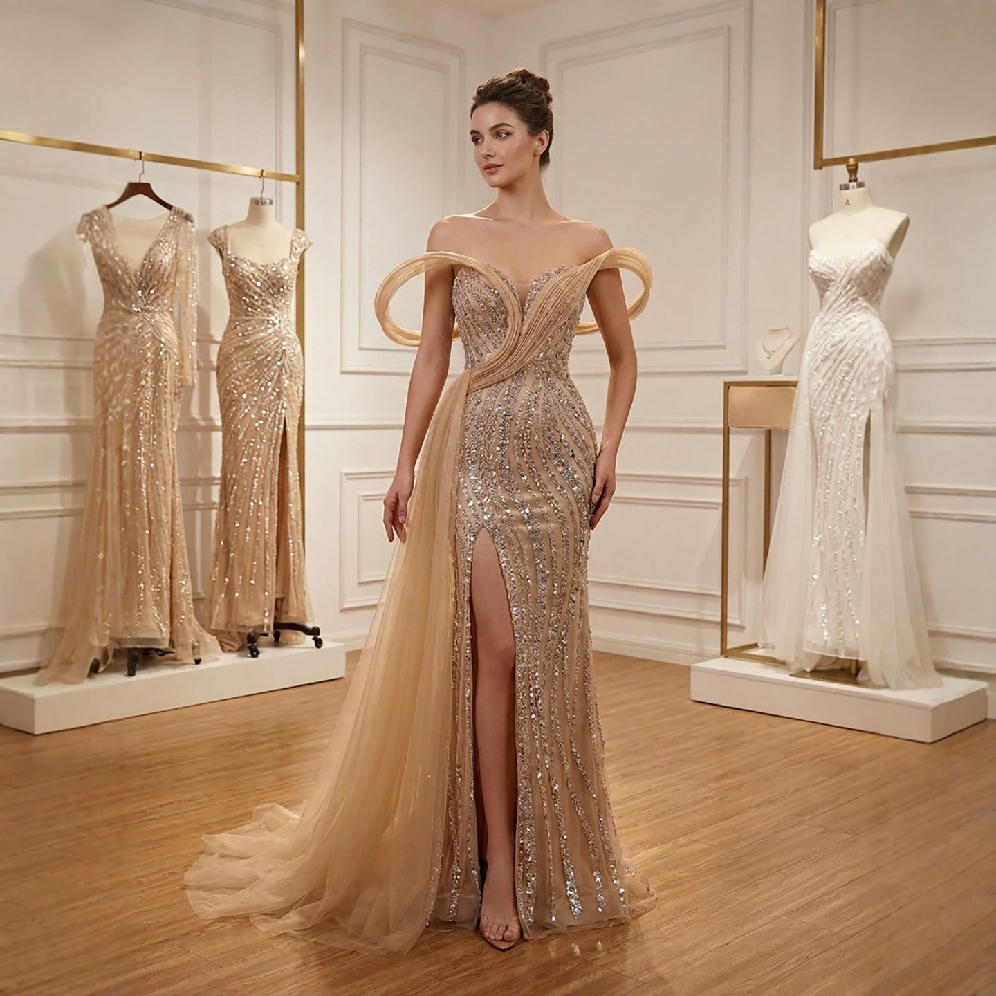 Luxury Nude Sequin Beaded Mermaid Dress With High Slit LA73914 SERENE HILL