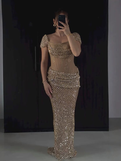 Luxury Gold Crystal Beaded Mermaid Dress Cap Sleeves LA73916 SERENE HILL