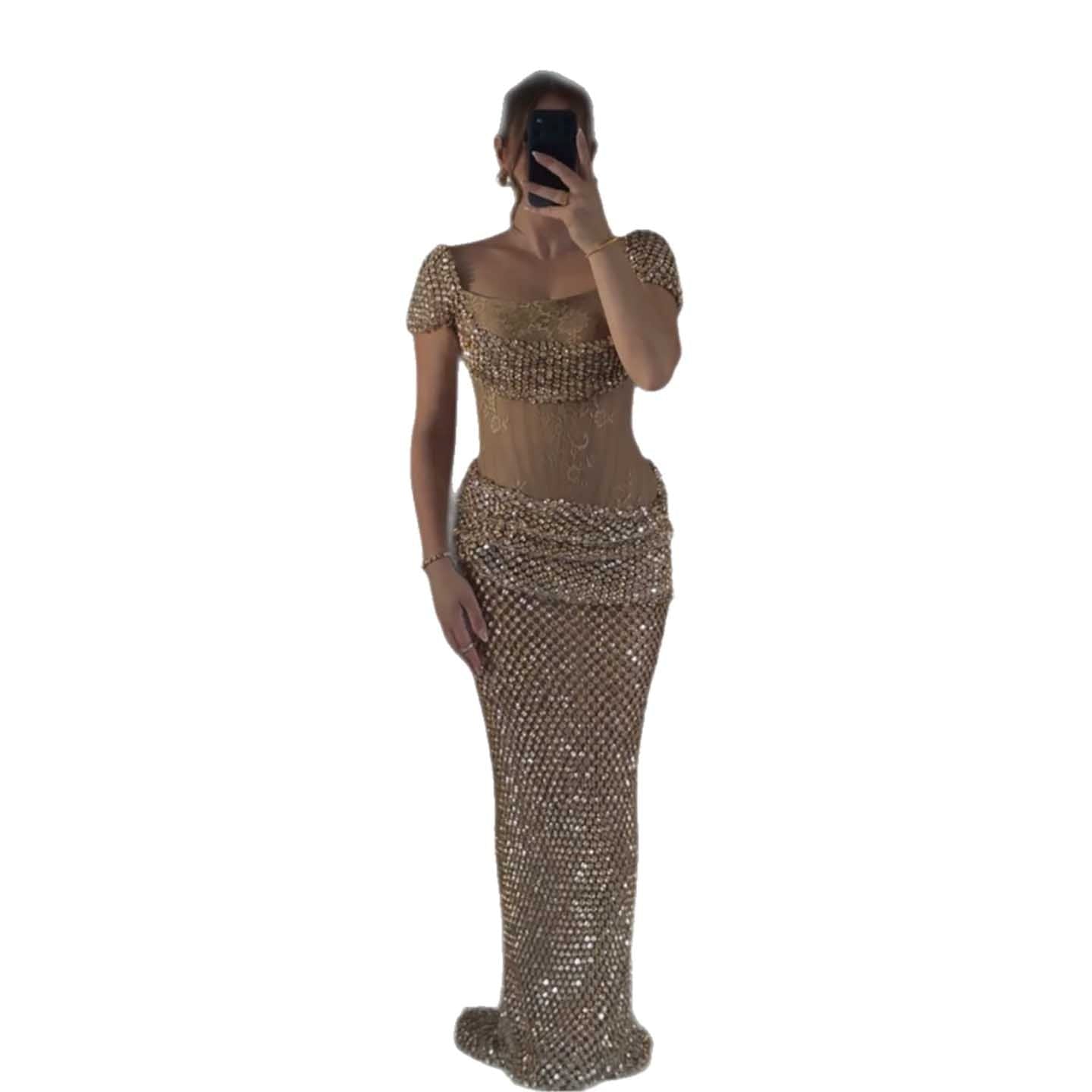 Luxury Gold Crystal Beaded Mermaid Dress Cap Sleeves LA73916 SERENE HILL