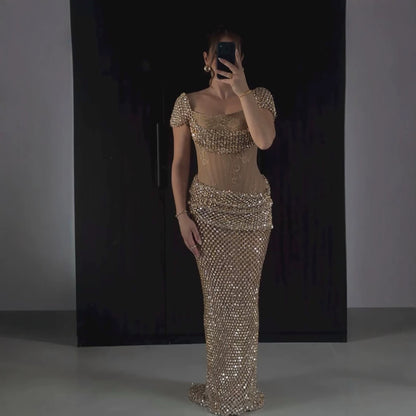 Luxury Gold Crystal Beaded Mermaid Dress Cap Sleeves LA73916 SERENE HILL