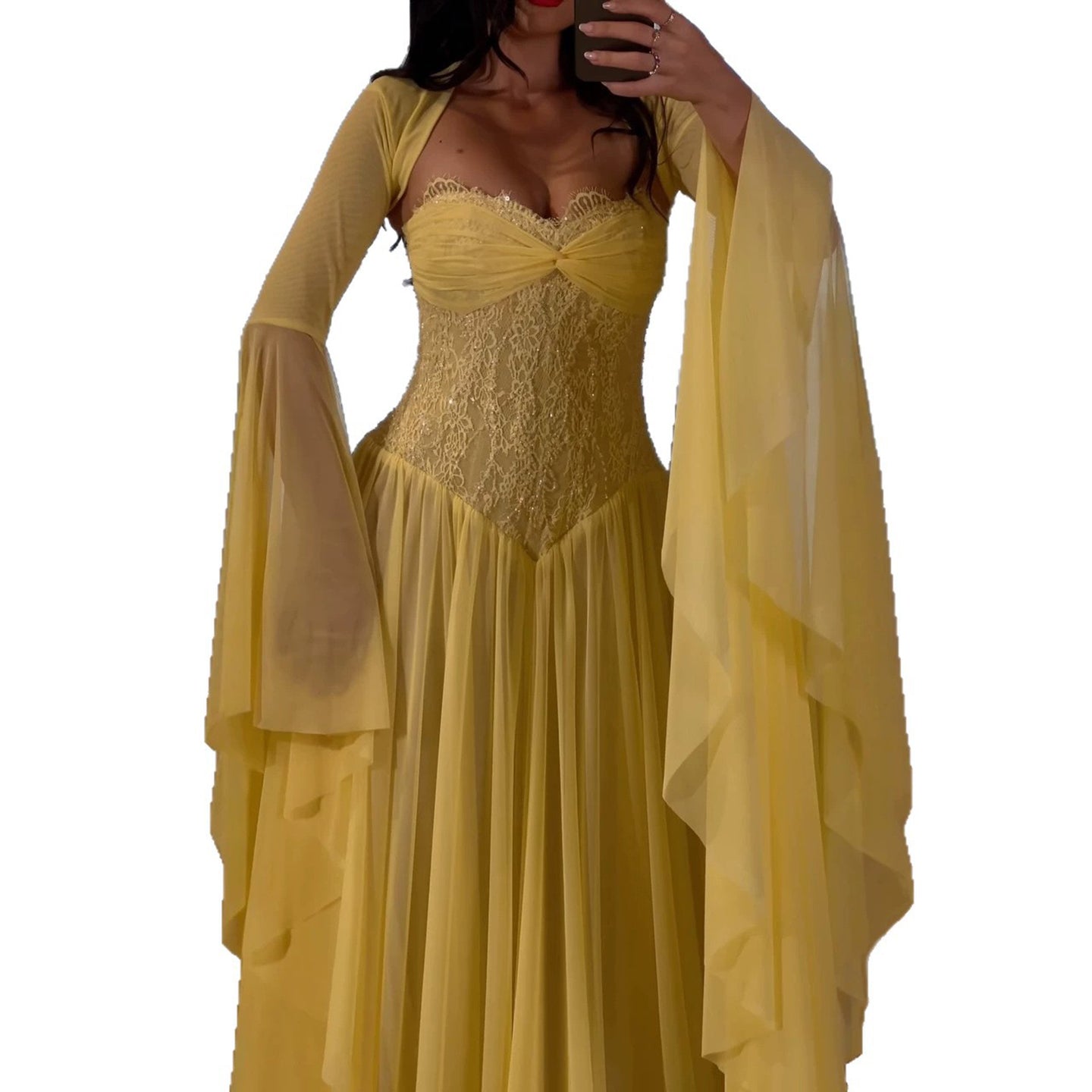 Luxury Yellow Lace Beaded Corset Chiffon A-Line Dress LA73917 SERENE HILL