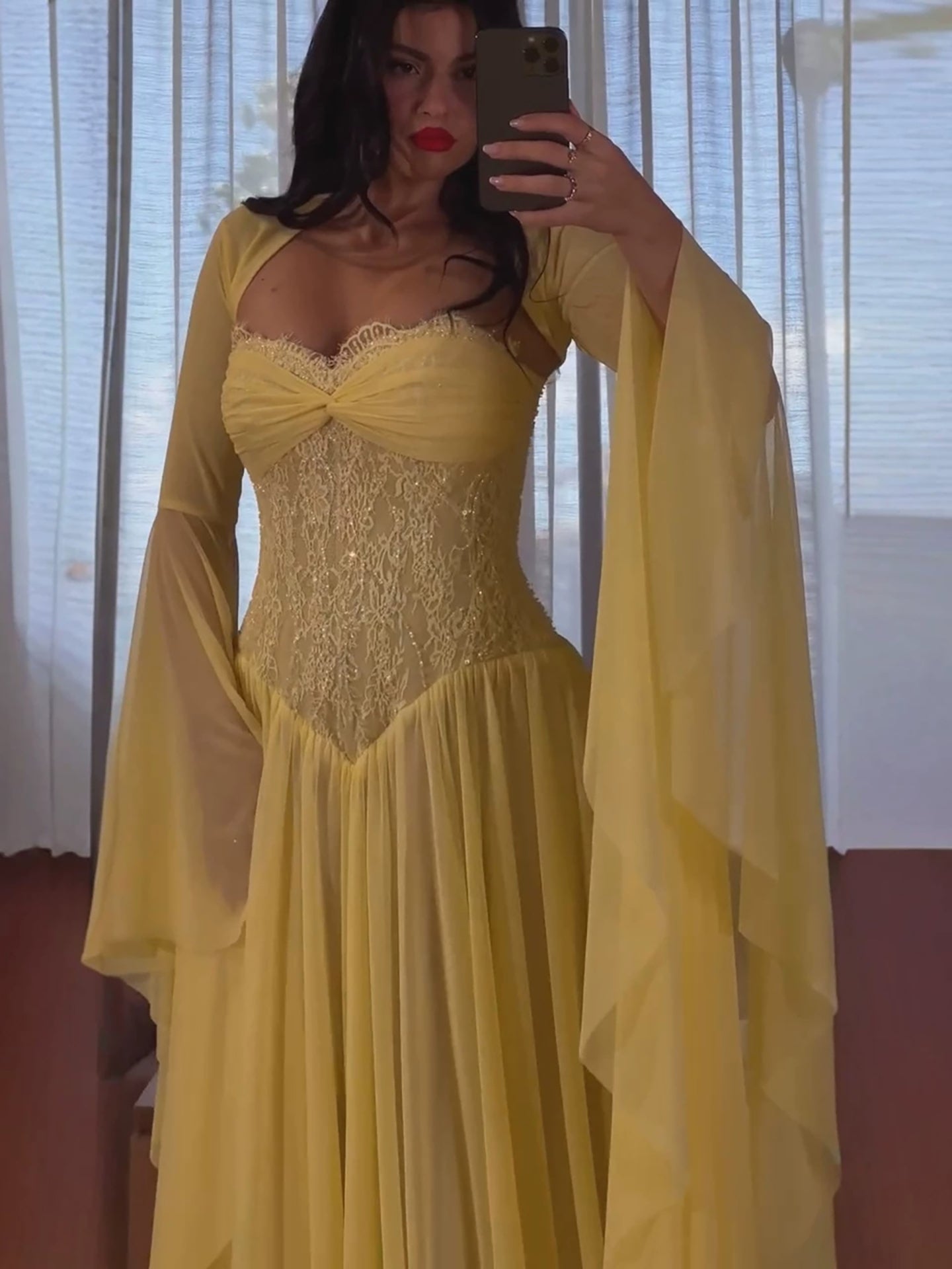 Luxury Yellow Lace Beaded Corset Chiffon A-Line Dress LA73917 SERENE HILL