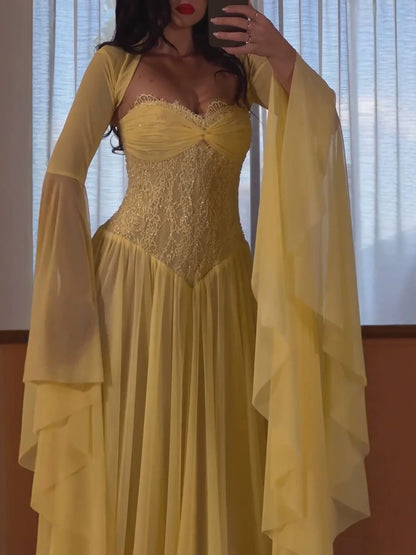 Luxury Yellow Lace Beaded Corset Chiffon A-Line Dress LA73917 SERENE HILL