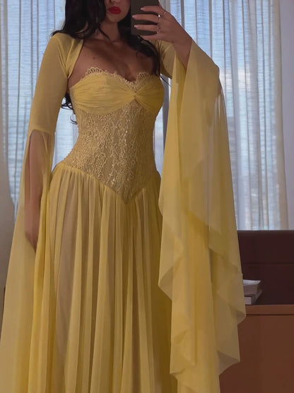 Luxury Yellow Lace Beaded Corset Chiffon A-Line Dress LA73917 SERENE HILL