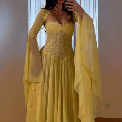 Luxury Yellow Lace Beaded Corset Chiffon A-Line Dress LA73917 SERENE HILL