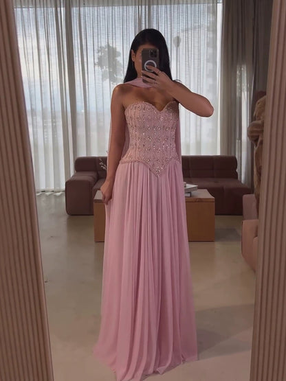 Luxury Pink Crystal Beaded Corset Chiffon A-Line Dress LA73918 SERENE HILL
