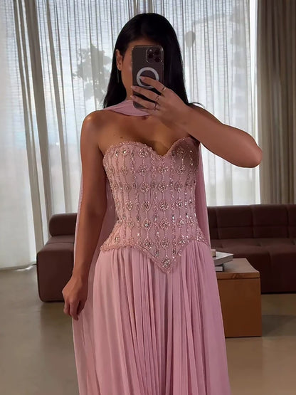Luxury Pink Crystal Beaded Corset Chiffon A-Line Dress LA73918 SERENE HILL