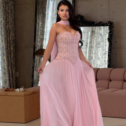 Luxury Pink Crystal Beaded Corset Chiffon A-Line Dress LA73918 SERENE HILL