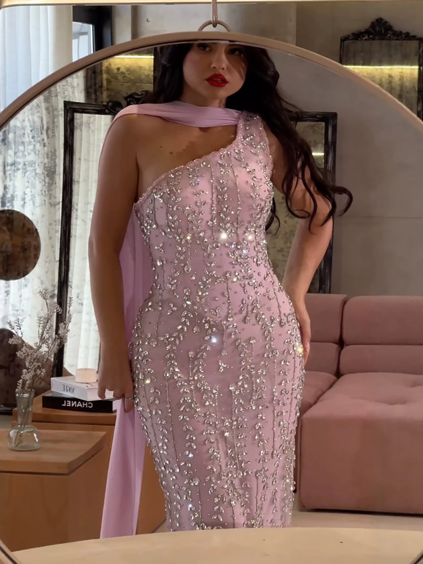 Luxury Pink Crystal Beaded Mermaid Dress With Chiffon Scarf LA73919 SERENE HILL