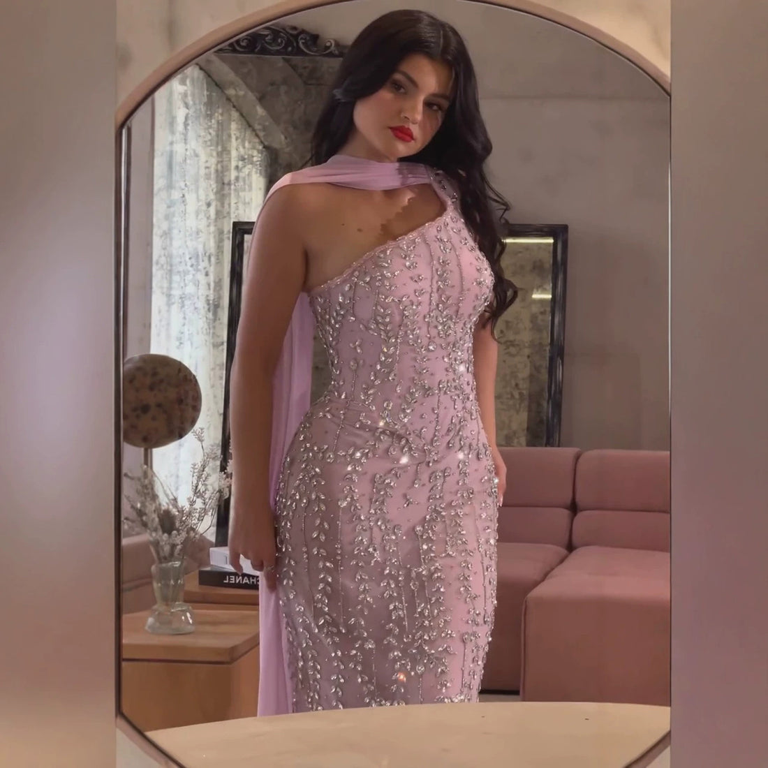 Luxury Pink Crystal Beaded Mermaid Dress With Chiffon Scarf LA73919 SERENE HILL