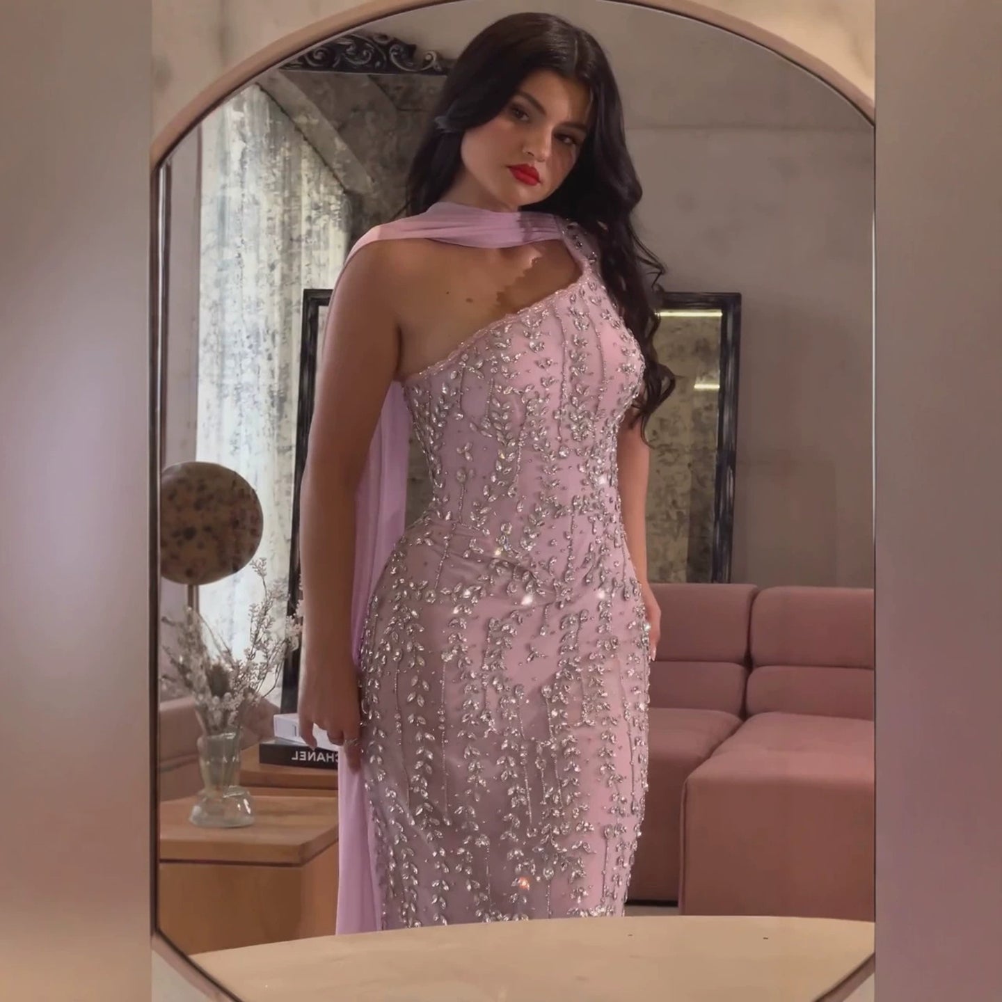 Luxury Pink Crystal Beaded Mermaid Dress With Chiffon Scarf LA73919 SERENE HILL