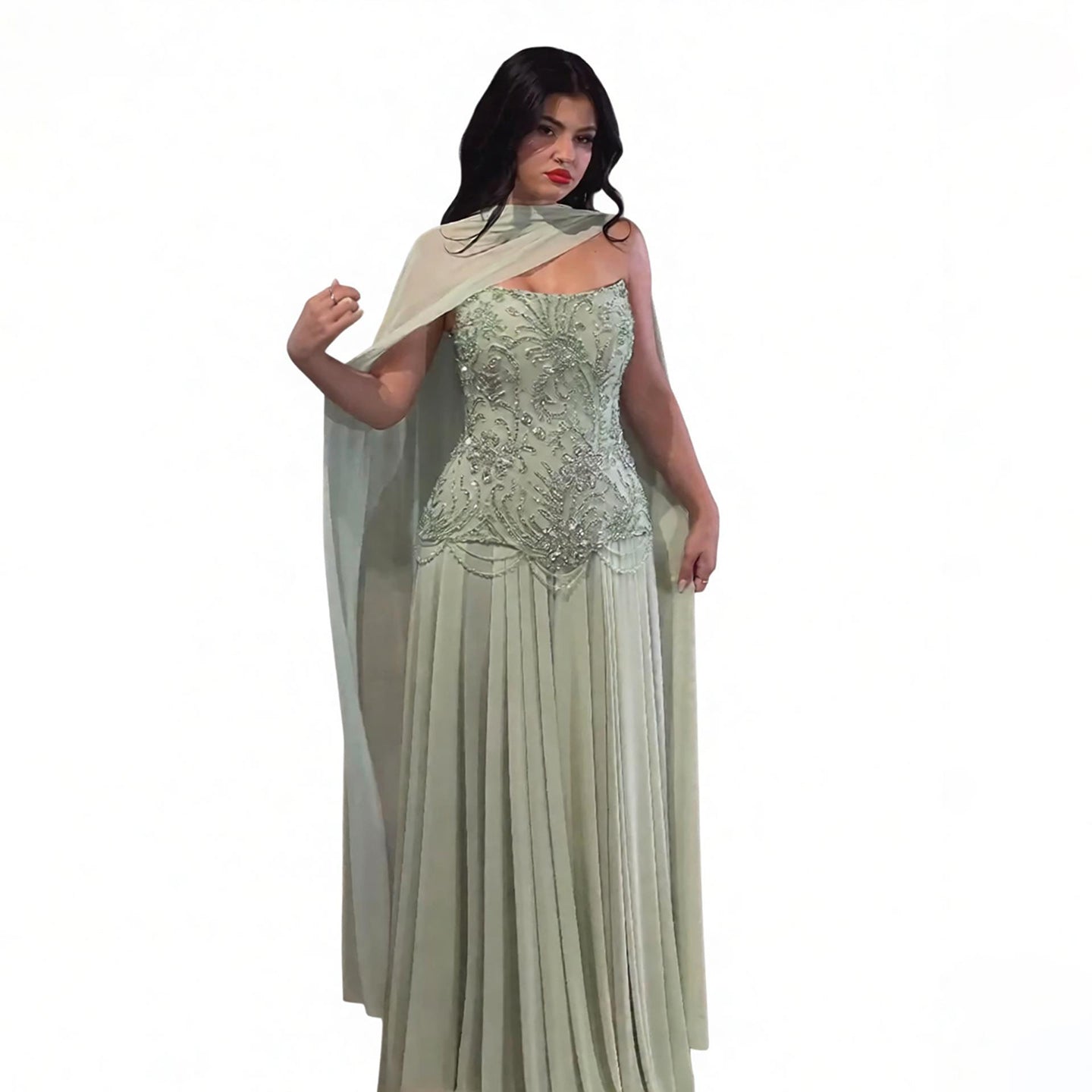 Luxury Sage Green Beaded Corset Chiffon A Line Dress LA73920 SERENE HILL