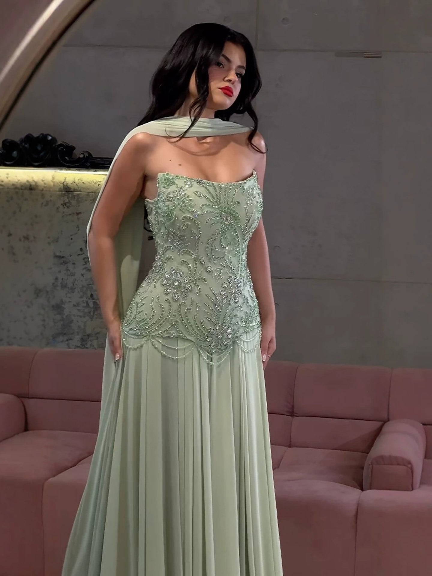 Luxury Sage Green Beaded Corset Chiffon A Line Dress LA73920 SERENE HILL