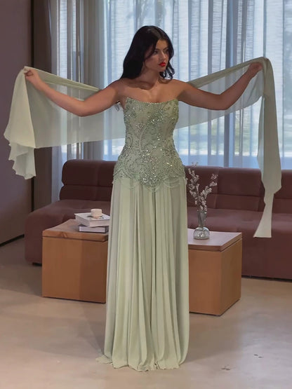 Luxury Sage Green Beaded Corset Chiffon A Line Dress LA73920 SERENE HILL
