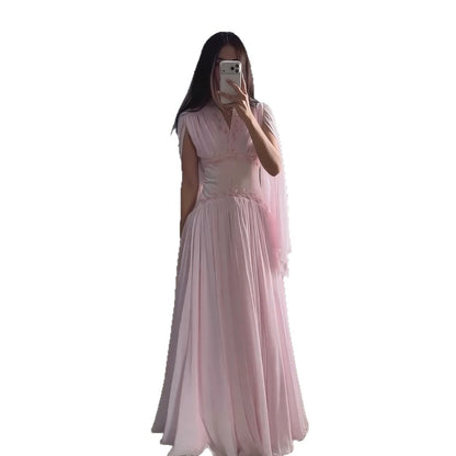 Luxury Pink Beaded Chiffon A Line Dress Cape Sleeves LA73921 SERENE HILL