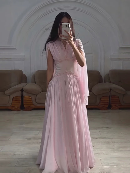 Luxury Pink Beaded Chiffon A Line Dress Cape Sleeves LA73921 SERENE HILL
