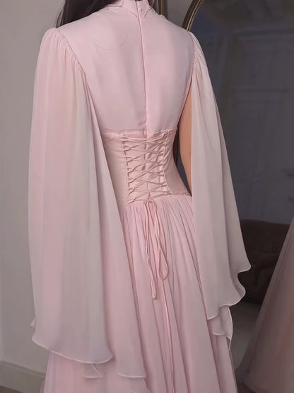 Luxury Pink Beaded Chiffon A Line Dress Cape Sleeves LA73921 SERENE HILL