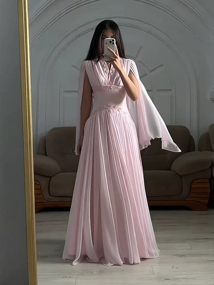 Luxury Pink Beaded Chiffon A Line Dress Cape Sleeves LA73921 SERENE HILL