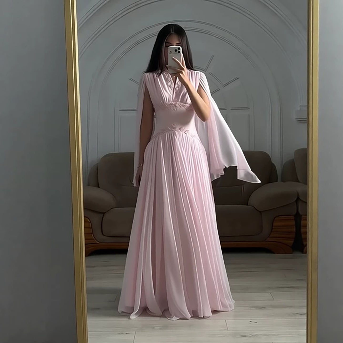 Luxury Pink Beaded Chiffon A Line Dress Cape Sleeves LA73921 SERENE HILL