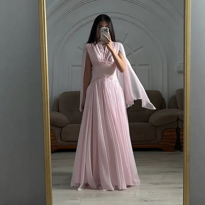 Luxury Pink Beaded Chiffon A Line Dress Cape Sleeves LA73921 SERENE HILL