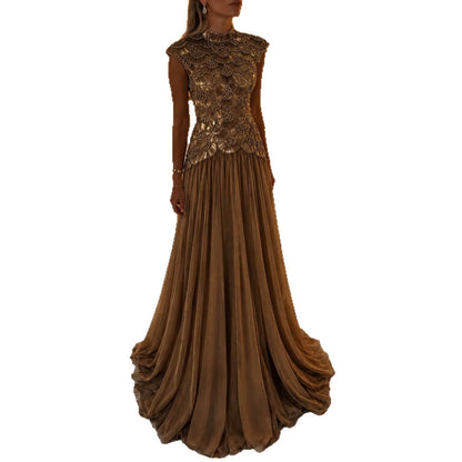 Luxury Gold High Neck Crystal Beaded A Line Dress LA73924 SERENE HILL