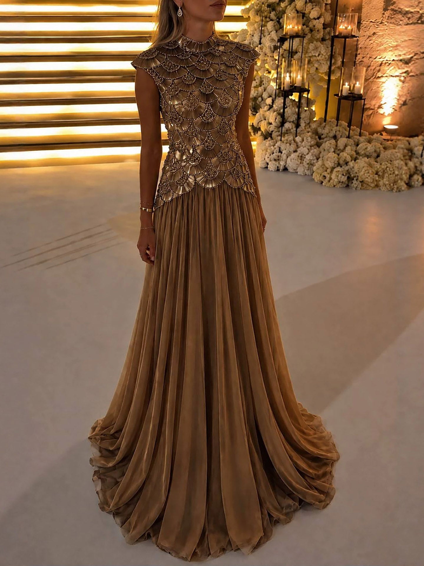 Luxury Gold High Neck Crystal Beaded A Line Dress LA73924 SERENE HILL