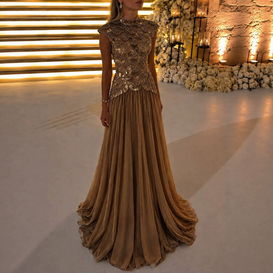 Luxury Gold High Neck Crystal Beaded A Line Dress LA73924 SERENE HILL