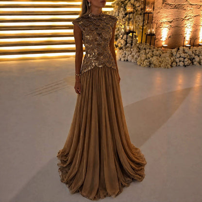 Luxury Gold High Neck Crystal Beaded A Line Dress LA73924 SERENE HILL