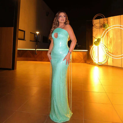 Luxury Tiffany Blue Sequin Beaded Tassel Mermaid Dress LA73925 SERENE HILL