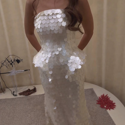 Luxury Beige Scale Sequin Peplum Mermaid Evening Dress LA73926 SERENE HILL