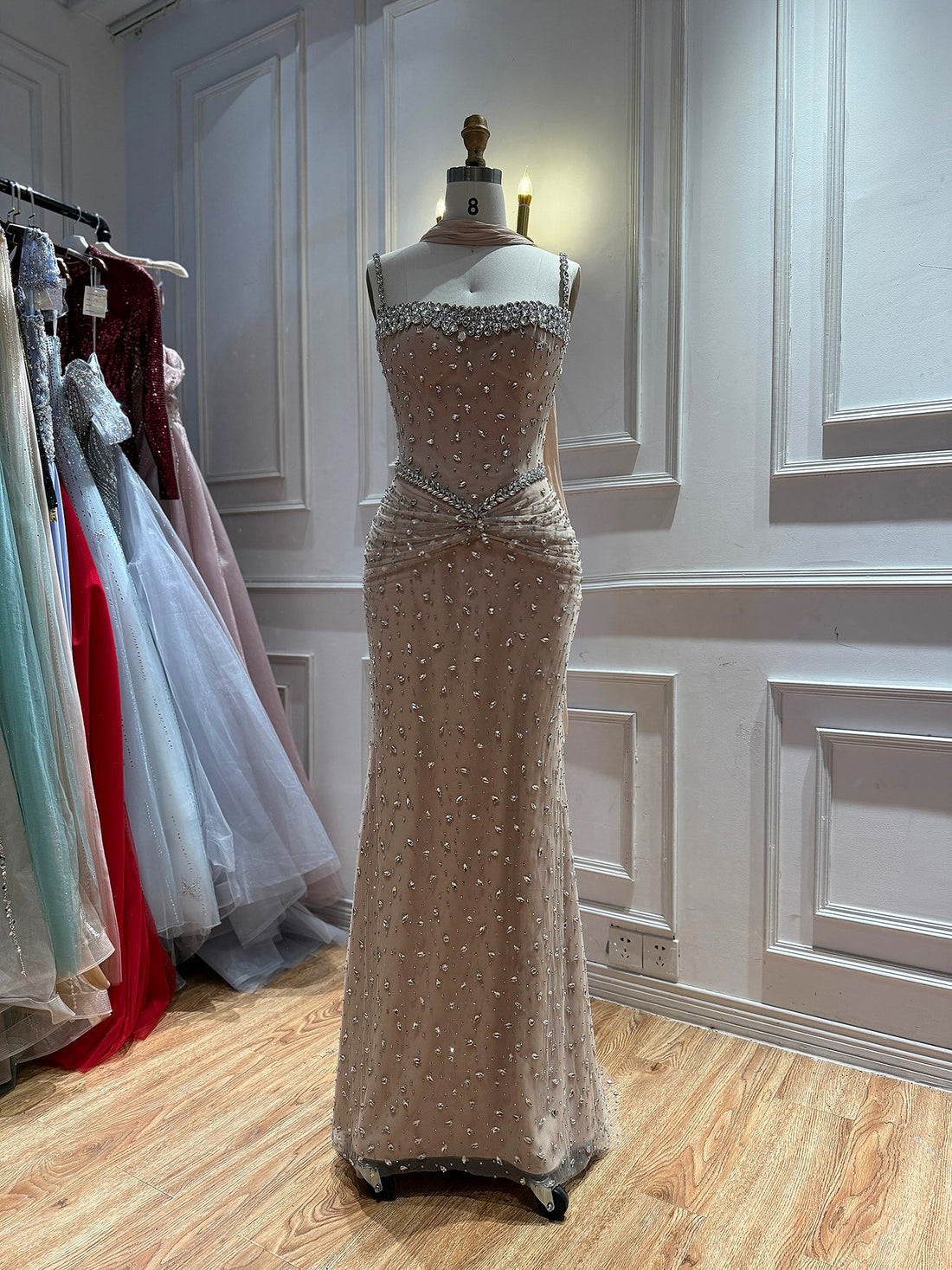 Nude Crystal Beaded Spaghetti Strap Mermaid Evening Dress LA73927