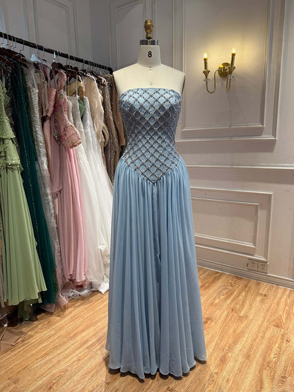 Luxury Blue Crystal Beaded Chiffon A-Line Evening Dress LA73929 SERENE HILL