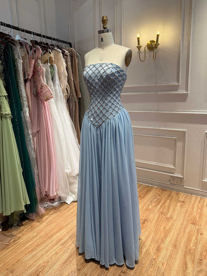 Luxury Blue Crystal Beaded Chiffon A-Line Evening Dress LA73929 SERENE HILL