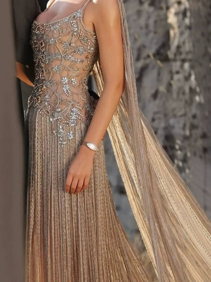 Luxury Gold Spaghetti Straps Shoulder Tassel Beaded Mermaid Dress LA73931 SERENE HILL