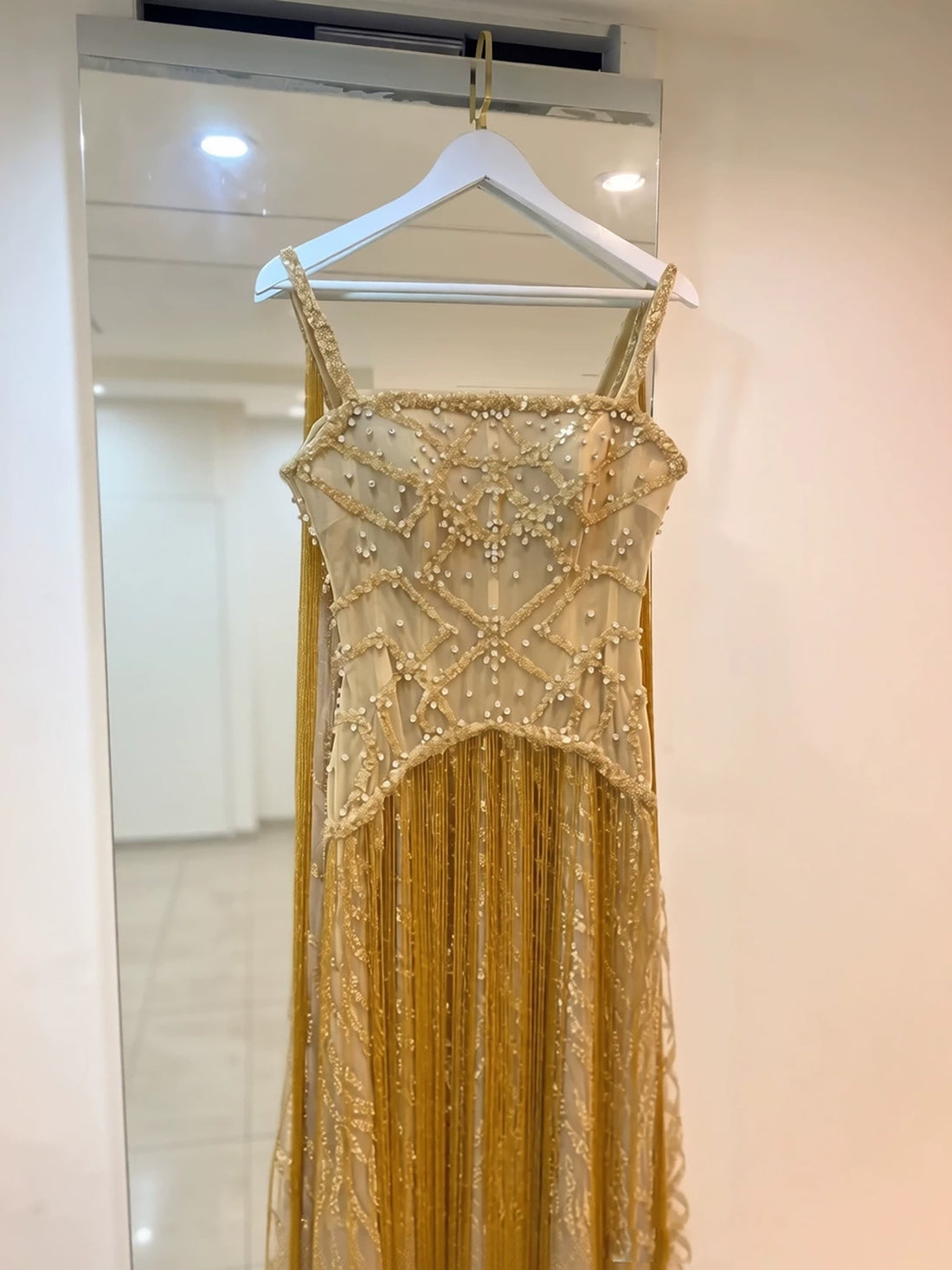 Luxury Gold Spaghetti Straps Shoulder Tassel Beaded Mermaid Dress LA73931 SERENE HILL