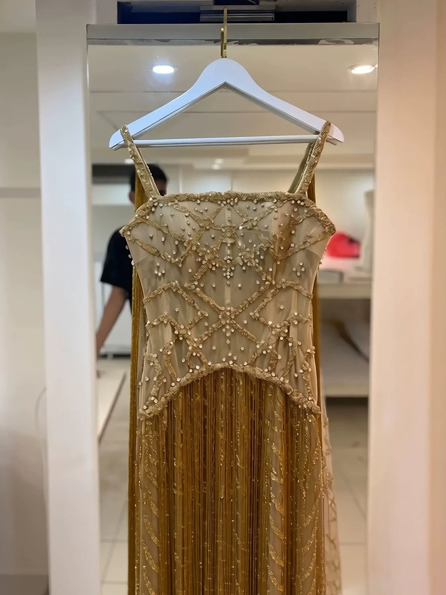Luxury Gold Spaghetti Straps Shoulder Tassel Beaded Mermaid Dress LA73931 SERENE HILL