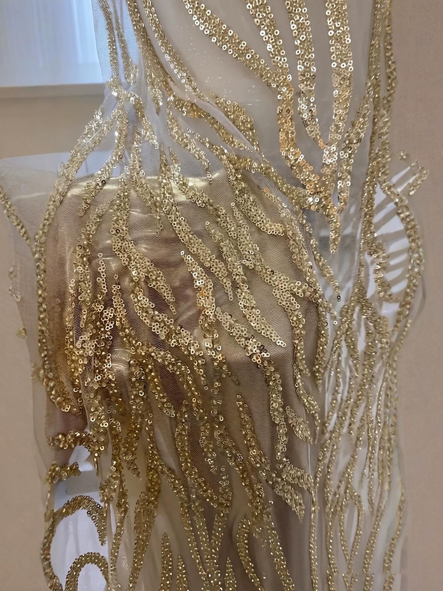 Luxury Gold Spaghetti Straps Shoulder Tassel Beaded Mermaid Dress LA73931 SERENE HILL